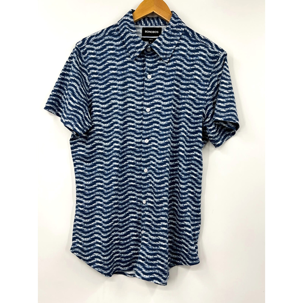Bonobos‎ Shirt Mens Medium Cotton Button Up Short Sleeve Gemoeteic Blue White